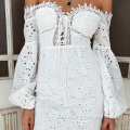 Women Puff Sleeve Shoulder Off Lace Embroidery Dress